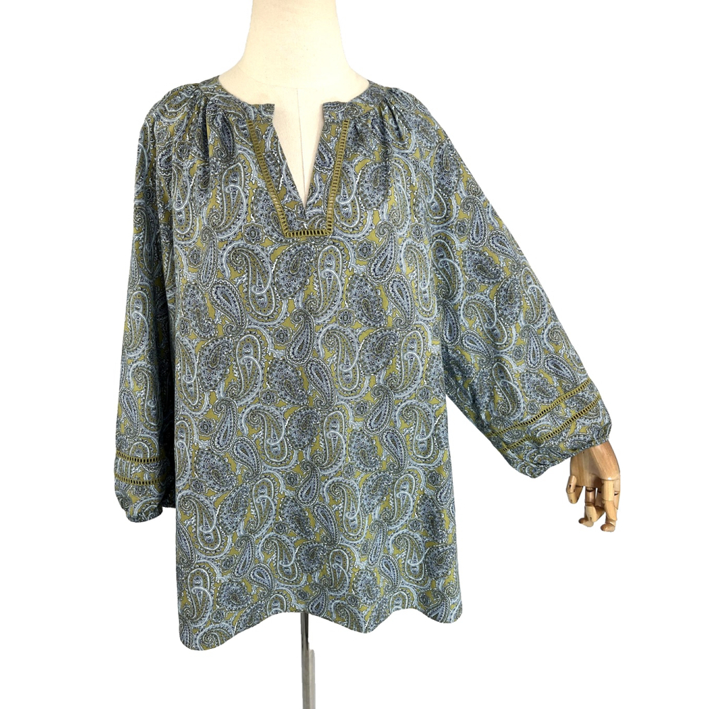 Lands End Tunic Shirt Top Womens XL 18 Paisley Green Blue Long Sleeve Boho - Picture 2 of 15